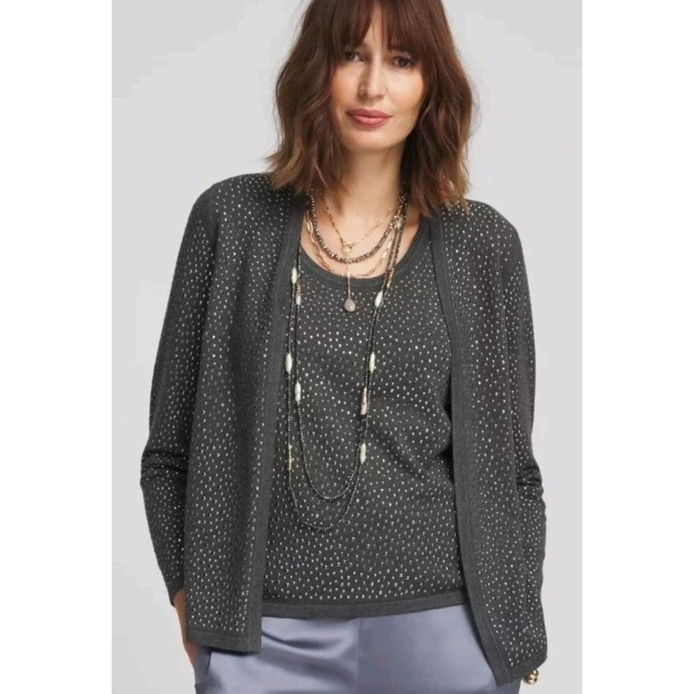 Chicos Sweater 3 / XL Embellished Cardigan Tank Set Stretch Knit Beaded Classic